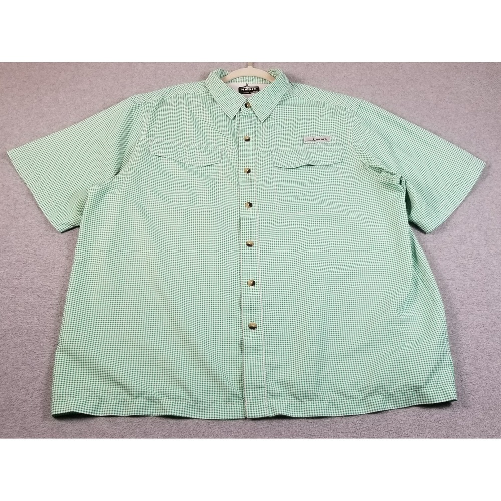 Habit Fishing Shirt Mens XL Green White Check Short Sleeve Vented Lightweight